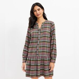 Loft Plaid Flounce Shirtdress Pink and Green Long Sleeves Small NWT